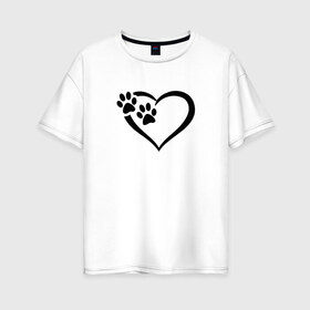 Женская футболка хлопок Oversize с принтом СЕРДЕЧКО в Белгороде, 100% хлопок | свободный крой, круглый ворот, спущенный рукав, длина до линии бедер
 | animals | cat | dog | footprints | heart | love | paws | prints | romance | valentines day | wolf | амур | валентинка | влюбленные | волк | день святого валентина | животные | кот | лапы | любовь | отпечатки | романтика | сердечко | сердце