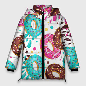 Женская зимняя куртка 3D с принтом Любитель пончиков в Белгороде, верх — 100% полиэстер; подкладка — 100% полиэстер; утеплитель — 100% полиэстер | длина ниже бедра, силуэт Оверсайз. Есть воротник-стойка, отстегивающийся капюшон и ветрозащитная планка. 

Боковые карманы с листочкой на кнопках и внутренний карман на молнии | art | doodling | textures | tiles | арт | дудлинг | еда | искусство | пончик | пончики | съестное | тайлы | текстуры | узор | фон
