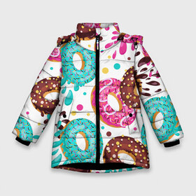 Зимняя куртка для девочек 3D с принтом Любитель пончиков в Белгороде, ткань верха — 100% полиэстер; подклад — 100% полиэстер, утеплитель — 100% полиэстер. | длина ниже бедра, удлиненная спинка, воротник стойка и отстегивающийся капюшон. Есть боковые карманы с листочкой на кнопках, утяжки по низу изделия и внутренний карман на молнии. 

Предусмотрены светоотражающий принт на спинке, радужный светоотражающий элемент на пуллере молнии и на резинке для утяжки. | art | doodling | textures | tiles | арт | дудлинг | еда | искусство | пончик | пончики | съестное | тайлы | текстуры | узор | фон