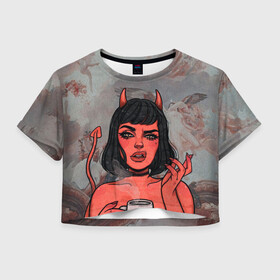 Женская футболка Crop-top 3D с принтом КОФЕЕК в Белгороде, 100% полиэстер | круглая горловина, длина футболки до линии талии, рукава с отворотами | coffee | demon | girl | демон | дьявол | кофе | суккуба