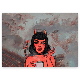 Поздравительная открытка с принтом КОФЕЕК в Белгороде, 100% бумага | плотность бумаги 280 г/м2, матовая, на обратной стороне линовка и место для марки
 | coffee | demon | girl | демон | дьявол | кофе | суккуба
