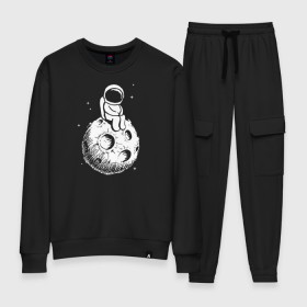 Женский костюм хлопок с принтом Космонавт на луне в Белгороде, 100% хлопок | на свитшоте круглая горловина, мягкая резинка по низу. Брюки заужены к низу, на них два вида карманов: два 