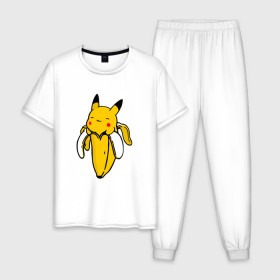 Мужская пижама хлопок с принтом Пикачу (Oko) в Белгороде, 100% хлопок | брюки и футболка прямого кроя, без карманов, на брюках мягкая резинка на поясе и по низу штанин
 | Тематика изображения на принте: 2020 | go | oko | pikachu | pokemon | банан | бананамен | герой | го | детектив | другой | желтый | игра | игровой | игрок | майнкрафт | мир | мультик | мультфильм | новый | пикачу | планета | покемон | портал | телепорт