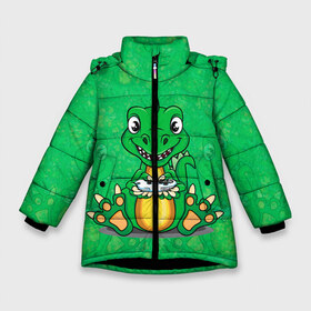 Зимняя куртка для девочек 3D с принтом Дракоша-геймер в Белгороде, ткань верха — 100% полиэстер; подклад — 100% полиэстер, утеплитель — 100% полиэстер. | длина ниже бедра, удлиненная спинка, воротник стойка и отстегивающийся капюшон. Есть боковые карманы с листочкой на кнопках, утяжки по низу изделия и внутренний карман на молнии. 

Предусмотрены светоотражающий принт на спинке, радужный светоотражающий элемент на пуллере молнии и на резинке для утяжки. | Тематика изображения на принте: dino | dinosaur | gamer | rex | t rex | ti rex | дино | динозавр | динозаврик | дракон | дракончик | дракоша | приставка | рекс | тираннозавр | тиранозавр | тирранозавр