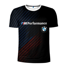 Мужская футболка 3D спортивная с принтом BMW PERFORMANCE в Белгороде, 100% полиэстер с улучшенными характеристиками | приталенный силуэт, круглая горловина, широкие плечи, сужается к линии бедра | Тематика изображения на принте: bmw | абстракция | авто | автомобиль | бмв | лого | логотип | машина | скорость