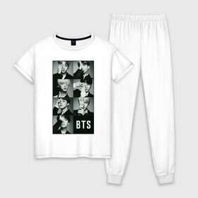 Женская пижама хлопок с принтом BTS в Белгороде, 100% хлопок | брюки и футболка прямого кроя, без карманов, на брюках мягкая резинка на поясе и по низу штанин | Тематика изображения на принте: bts | j hope | j pop | jimin | jin | jungkook | k pop | korea | music | nct | pop | pop idols | suga | v | айдолы | бтс | идолы | к поп | корейская музыка | корея | нст | поп | попса | чимин