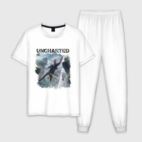 Мужская пижама хлопок с принтом UNCHARTED в Белгороде, 100% хлопок | брюки и футболка прямого кроя, без карманов, на брюках мягкая резинка на поясе и по низу штанин
 | play | uncharted | uncharted 4 | дрейк | игры | не отмеченный на карте | неведомый | неизведанный | неизвестный | нейт | нейтан