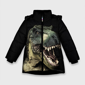 Зимняя куртка для девочек 3D с принтом Динозавр T-Rex в Белгороде, ткань верха — 100% полиэстер; подклад — 100% полиэстер, утеплитель — 100% полиэстер. | длина ниже бедра, удлиненная спинка, воротник стойка и отстегивающийся капюшон. Есть боковые карманы с листочкой на кнопках, утяжки по низу изделия и внутренний карман на молнии. 

Предусмотрены светоотражающий принт на спинке, радужный светоотражающий элемент на пуллере молнии и на резинке для утяжки. | Тематика изображения на принте: dino | dinosauria | t rex | ti rex | дино | динозавр | парк юрского | т рекс | ти рекс | чудовище | юрский период | ящер | ящерица