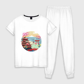 Женская пижама хлопок с принтом Япония в Белгороде, 100% хлопок | брюки и футболка прямого кроя, без карманов, на брюках мягкая резинка на поясе и по низу штанин | texture | vector | арт | для него | для нее | картина | подарок | прикольные | текстура