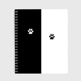 Тетрадь с принтом Кошачьи следы в Белгороде, 100% бумага | 48 листов, плотность листов — 60 г/м2, плотность картонной обложки — 250 г/м2. Листы скреплены сбоку удобной пружинной спиралью. Уголки страниц и обложки скругленные. Цвет линий — светло-серый
 | black and white | cat | животные | кот | кошачий след | кошка | половина | черно белый | чёрный и белый