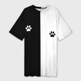 Платье-футболка 3D с принтом Кошачьи следы в Белгороде,  |  | black and white | cat | животные | кот | кошачий след | кошка | половина | черно белый | чёрный и белый