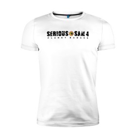Мужская футболка премиум с принтом Serious Sam 4 в Белгороде, 92% хлопок, 8% лайкра | приталенный силуэт, круглый вырез ворота, длина до линии бедра, короткий рукав | croteam | devolver | digital | games | planet | sam | serious | игры | крутой | планета | сэм