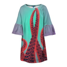Детское платье 3D с принтом красные щупальца осминога в Белгороде, 100% полиэстер | прямой силуэт, чуть расширенный к низу. Круглая горловина, на рукавах — воланы | Тематика изображения на принте: враг | градиент | захвачен | злобный | зловещий | красные | монстр | морской | опасный | осьминог | подводный | рисованный | синий | тентакли | фиолетовый | щупальца