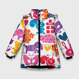 Зимняя куртка для девочек 3D с принтом Звери детская в Белгороде, ткань верха — 100% полиэстер; подклад — 100% полиэстер, утеплитель — 100% полиэстер. | длина ниже бедра, удлиненная спинка, воротник стойка и отстегивающийся капюшон. Есть боковые карманы с листочкой на кнопках, утяжки по низу изделия и внутренний карман на молнии. 

Предусмотрены светоотражающий принт на спинке, радужный светоотражающий элемент на пуллере молнии и на резинке для утяжки. | Тематика изображения на принте: бабочки | детские | звери | сердечко | собака | цветы | черепаха | яркие