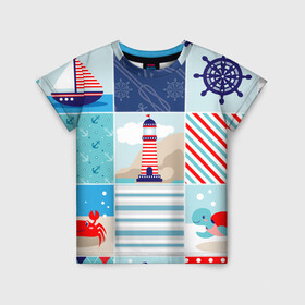 Детская футболка 3D с принтом Моряк  в Белгороде, 100% гипоаллергенный полиэфир | прямой крой, круглый вырез горловины, длина до линии бедер, чуть спущенное плечо, ткань немного тянется | Тематика изображения на принте: вода | краб | маяк | море | моряк | океан | парус | полосы | черепаха | штурвал | яхта