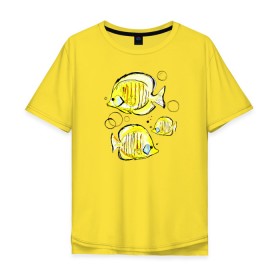 Мужская футболка хлопок Oversize с принтом Рыбы-бабочки в Белгороде, 100% хлопок | свободный крой, круглый ворот, “спинка” длиннее передней части | аквариумные | бабочки | дизайн | желтый | модная | морская | обитатели | оригинальный | подводное | принт | рыба | рыбы | скетч | стильная | яркая