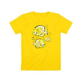 Детская футболка хлопок с принтом Рыбы-бабочки в Белгороде, 100% хлопок | круглый вырез горловины, полуприлегающий силуэт, длина до линии бедер | аквариумные | бабочки | дизайн | желтый | модная | морская | обитатели | оригинальный | подводное | принт | рыба | рыбы | скетч | стильная | яркая