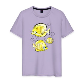 Мужская футболка хлопок с принтом Рыбы-бабочки в Белгороде, 100% хлопок | прямой крой, круглый вырез горловины, длина до линии бедер, слегка спущенное плечо. | аквариумные | бабочки | дизайн | желтый | модная | морская | обитатели | оригинальный | подводное | принт | рыба | рыбы | скетч | стильная | яркая