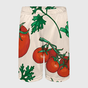 Детские спортивные шорты 3D с принтом Летние овощи в Белгороде,  100% полиэстер
 | пояс оформлен широкой мягкой резинкой, ткань тянется
 | Тематика изображения на принте: 3d | зелень | летние | лето | лук | овощи | петрушка | помидоры | популярные | томаты