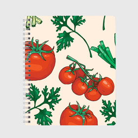 Тетрадь с принтом Летние овощи в Белгороде, 100% бумага | 48 листов, плотность листов — 60 г/м2, плотность картонной обложки — 250 г/м2. Листы скреплены сбоку удобной пружинной спиралью. Уголки страниц и обложки скругленные. Цвет линий — светло-серый
 | Тематика изображения на принте: 3d | зелень | летние | лето | лук | овощи | петрушка | помидоры | популярные | томаты