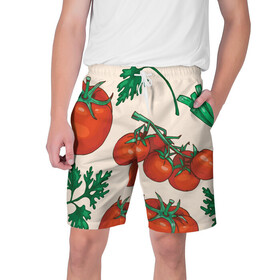 Мужские шорты 3D с принтом Летние овощи в Белгороде,  полиэстер 100% | прямой крой, два кармана без застежек по бокам. Мягкая трикотажная резинка на поясе, внутри которой широкие завязки. Длина чуть выше колен | Тематика изображения на принте: 3d | зелень | летние | лето | лук | овощи | петрушка | помидоры | популярные | томаты