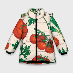 Зимняя куртка для девочек 3D с принтом Летние овощи в Белгороде, ткань верха — 100% полиэстер; подклад — 100% полиэстер, утеплитель — 100% полиэстер. | длина ниже бедра, удлиненная спинка, воротник стойка и отстегивающийся капюшон. Есть боковые карманы с листочкой на кнопках, утяжки по низу изделия и внутренний карман на молнии. 

Предусмотрены светоотражающий принт на спинке, радужный светоотражающий элемент на пуллере молнии и на резинке для утяжки. | Тематика изображения на принте: 3d | зелень | летние | лето | лук | овощи | петрушка | помидоры | популярные | томаты