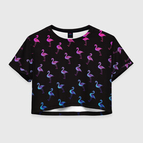 Женская футболка Crop-top 3D с принтом Фламинго в Белгороде, 100% полиэстер | круглая горловина, длина футболки до линии талии, рукава с отворотами | крылья | лапы | пернатый | перо | перья | птица | птицы | птичка | розовый | розовый фламинго | фламинго | черный