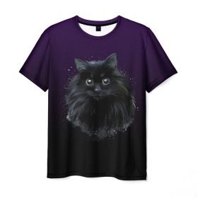 Мужская футболка 3D с принтом черный кот на фиолетовом фоне в Белгороде, 100% полиэфир | прямой крой, круглый вырез горловины, длина до линии бедер | акварель | глаза | клево | котейка | котенок | котик | котэ | кошак | кошка | красиво | любителю кошек | модно | мяу | подарок | пушистый | рисунок | стильно | темный | черный кот | шерсть