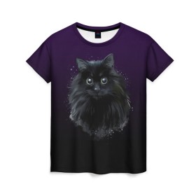Женская футболка 3D с принтом черный кот на фиолетовом фоне в Белгороде, 100% полиэфир ( синтетическое хлопкоподобное полотно) | прямой крой, круглый вырез горловины, длина до линии бедер | Тематика изображения на принте: акварель | глаза | клево | котейка | котенок | котик | котэ | кошак | кошка | красиво | любителю кошек | модно | мяу | подарок | пушистый | рисунок | стильно | темный | черный кот | шерсть