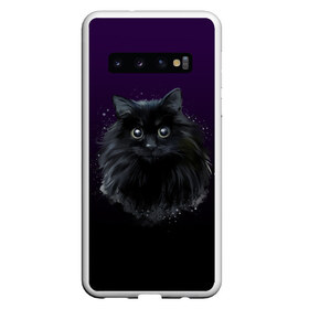 Чехол для Samsung Galaxy S10 с принтом черный кот на фиолетовом фоне в Белгороде, Силикон | Область печати: задняя сторона чехла, без боковых панелей | Тематика изображения на принте: акварель | глаза | клево | котейка | котенок | котик | котэ | кошак | кошка | красиво | любителю кошек | модно | мяу | подарок | пушистый | рисунок | стильно | темный | черный кот | шерсть