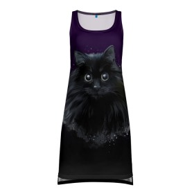 Платье-майка 3D с принтом черный кот на фиолетовом фоне в Белгороде, 100% полиэстер | полуприлегающий силуэт, широкие бретели, круглый вырез горловины, удлиненный подол сзади. | акварель | глаза | клево | котейка | котенок | котик | котэ | кошак | кошка | красиво | любителю кошек | модно | мяу | подарок | пушистый | рисунок | стильно | темный | черный кот | шерсть