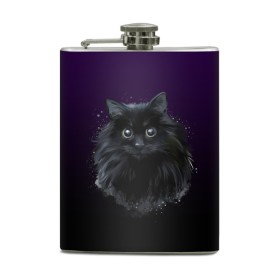 Фляга с принтом черный кот на фиолетовом фоне в Белгороде, металлический корпус | емкость 0,22 л, размер 125 х 94 мм. Виниловая наклейка запечатывается полностью | акварель | глаза | клево | котейка | котенок | котик | котэ | кошак | кошка | красиво | любителю кошек | модно | мяу | подарок | пушистый | рисунок | стильно | темный | черный кот | шерсть