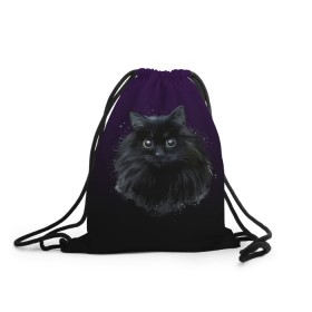 Рюкзак-мешок 3D с принтом черный кот на фиолетовом фоне в Белгороде, 100% полиэстер | плотность ткани — 200 г/м2, размер — 35 х 45 см; лямки — толстые шнурки, застежка на шнуровке, без карманов и подкладки | Тематика изображения на принте: акварель | глаза | клево | котейка | котенок | котик | котэ | кошак | кошка | красиво | любителю кошек | модно | мяу | подарок | пушистый | рисунок | стильно | темный | черный кот | шерсть