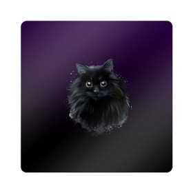 Магнит виниловый Квадрат с принтом черный кот на фиолетовом фоне в Белгороде, полимерный материал с магнитным слоем | размер 9*9 см, закругленные углы | акварель | глаза | клево | котейка | котенок | котик | котэ | кошак | кошка | красиво | любителю кошек | модно | мяу | подарок | пушистый | рисунок | стильно | темный | черный кот | шерсть