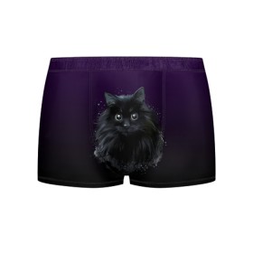 Мужские трусы 3D с принтом черный кот на фиолетовом фоне в Белгороде, 50% хлопок, 50% полиэстер | классическая посадка, на поясе мягкая тканевая резинка | Тематика изображения на принте: акварель | глаза | клево | котейка | котенок | котик | котэ | кошак | кошка | красиво | любителю кошек | модно | мяу | подарок | пушистый | рисунок | стильно | темный | черный кот | шерсть