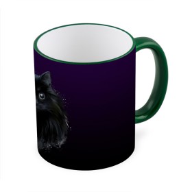 Кружка с принтом черный кот на фиолетовом фоне в Белгороде, керамика | ёмкость 330 мл | акварель | глаза | клево | котейка | котенок | котик | котэ | кошак | кошка | красиво | любителю кошек | модно | мяу | подарок | пушистый | рисунок | стильно | темный | черный кот | шерсть