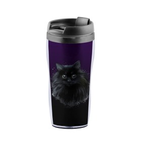 Термокружка-непроливайка с принтом черный кот на фиолетовом фоне в Белгороде, внутренняя часть — пищевой пластик, наружная часть — прозрачный пластик, между ними — полиграфическая вставка с рисунком | объем — 350 мл, герметичная крышка | акварель | глаза | клево | котейка | котенок | котик | котэ | кошак | кошка | красиво | любителю кошек | модно | мяу | подарок | пушистый | рисунок | стильно | темный | черный кот | шерсть