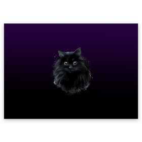 Поздравительная открытка с принтом черный кот на фиолетовом фоне в Белгороде, 100% бумага | плотность бумаги 280 г/м2, матовая, на обратной стороне линовка и место для марки
 | Тематика изображения на принте: акварель | глаза | клево | котейка | котенок | котик | котэ | кошак | кошка | красиво | любителю кошек | модно | мяу | подарок | пушистый | рисунок | стильно | темный | черный кот | шерсть