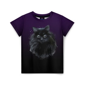 Детская футболка 3D с принтом черный кот на фиолетовом фоне в Белгороде, 100% гипоаллергенный полиэфир | прямой крой, круглый вырез горловины, длина до линии бедер, чуть спущенное плечо, ткань немного тянется | акварель | глаза | клево | котейка | котенок | котик | котэ | кошак | кошка | красиво | любителю кошек | модно | мяу | подарок | пушистый | рисунок | стильно | темный | черный кот | шерсть