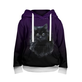 Детская толстовка 3D с принтом черный кот на фиолетовом фоне в Белгороде, 100% полиэстер | двухслойный капюшон со шнурком для регулировки, мягкие манжеты на рукавах и по низу толстовки, спереди карман-кенгуру с мягким внутренним слоем | акварель | глаза | клево | котейка | котенок | котик | котэ | кошак | кошка | красиво | любителю кошек | модно | мяу | подарок | пушистый | рисунок | стильно | темный | черный кот | шерсть
