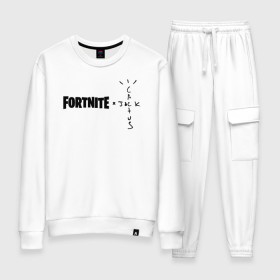 Женский костюм хлопок с принтом FORTNITE X TRAVIS SCOTT в Белгороде, 100% хлопок | на свитшоте круглая горловина, мягкая резинка по низу. Брюки заужены к низу, на них два вида карманов: два 