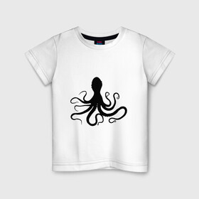 Детская футболка хлопок с принтом Осьминог в Белгороде, 100% хлопок | круглый вырез горловины, полуприлегающий силуэт, длина до линии бедер | животные | жители | звери | картинки | лето | морские | осьминог | прикольные | силуэт | щупальце