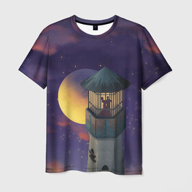 Мужская футболка 3D с принтом To the Moon 3D в Белгороде, 100% полиэфир | прямой крой, круглый вырез горловины, длина до линии бедер | lighthouse | moon | night | pair | silhouettes | stars | to the moon | звёзды | луна | маяк | ночь | пара | силуэты
