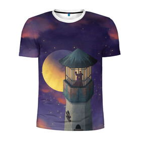 Мужская футболка 3D спортивная с принтом To the Moon 3D в Белгороде, 100% полиэстер с улучшенными характеристиками | приталенный силуэт, круглая горловина, широкие плечи, сужается к линии бедра | lighthouse | moon | night | pair | silhouettes | stars | to the moon | звёзды | луна | маяк | ночь | пара | силуэты
