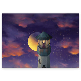 Поздравительная открытка с принтом To the Moon 3D в Белгороде, 100% бумага | плотность бумаги 280 г/м2, матовая, на обратной стороне линовка и место для марки
 | Тематика изображения на принте: lighthouse | moon | night | pair | silhouettes | stars | to the moon | звёзды | луна | маяк | ночь | пара | силуэты