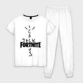 Женская пижама хлопок с принтом FORTNITE X TRAVIS SCOTT в Белгороде, 100% хлопок | брюки и футболка прямого кроя, без карманов, на брюках мягкая резинка на поясе и по низу штанин | astro | astronomical | astroworld | cactus | fort | fortnite | jack | nite | nomical | scott | travis | world | астро | астрономикал | джек | джэк | кактус | найт | номикал | скотт | трэвис | форт | фортнайт