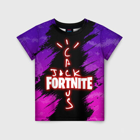 Детская футболка 3D с принтом FORTNITE X TRAVIS SCOTT в Белгороде, 100% гипоаллергенный полиэфир | прямой крой, круглый вырез горловины, длина до линии бедер, чуть спущенное плечо, ткань немного тянется | Тематика изображения на принте: astro | astronomical | astroworld | cactus | fort | fortnite | jack | nite | nomical | scott | travis | world | астро | астрономикал | джек | джэк | кактус | найт | номикал | скотт | трэвис | форт | фортнайт