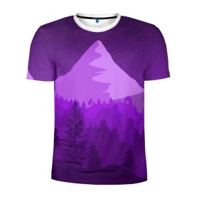 Мужская футболка 3D спортивная с принтом Ночные горы в Белгороде, 100% полиэстер с улучшенными характеристиками | приталенный силуэт, круглая горловина, широкие плечи, сужается к линии бедра | горы | звёздное небо | звёзды | лес | небо | ночь | фиолетовый