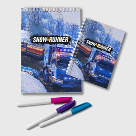 Блокнот с принтом SNOWRUNNER в Белгороде, 100% бумага | 48 листов, плотность листов — 60 г/м2, плотность картонной обложки — 250 г/м2. Листы скреплены удобной пружинной спиралью. Цвет линий — светло-серый
 | Тематика изображения на принте: snow runner | snowrunner | snowrunner игра | дальнобойщик. | сноу раннер | сноураннер