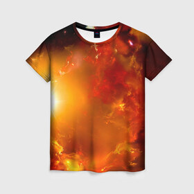 Женская футболка 3D с принтом Солнечное облако в Белгороде, 100% полиэфир ( синтетическое хлопкоподобное полотно) | прямой крой, круглый вырез горловины, длина до линии бедер | звёзды | космос | огонь | оранжевый | супер новая | туманность